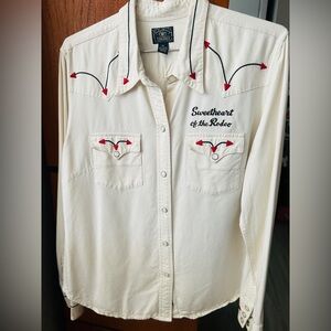 Lucky Brand Y2K Western Shirt Rayon Embroidered Sweetheart of the Rodeo M